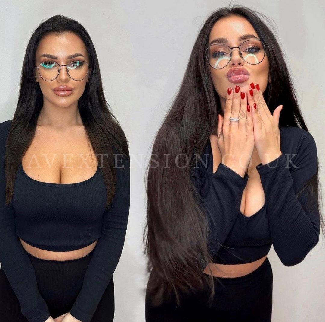 Before and after micro bond hair extensions on dark hair, added length, AV Extension London