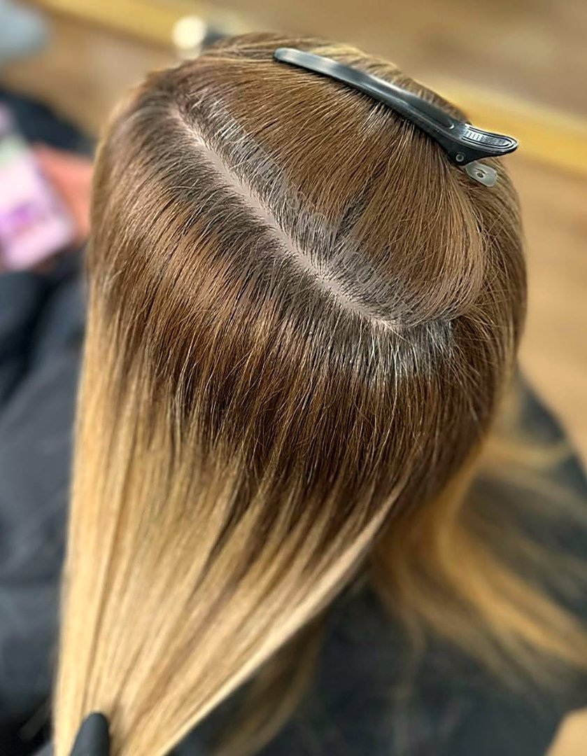 Invisible parting with micro bond hair extensions, natural top view by AV Extension London